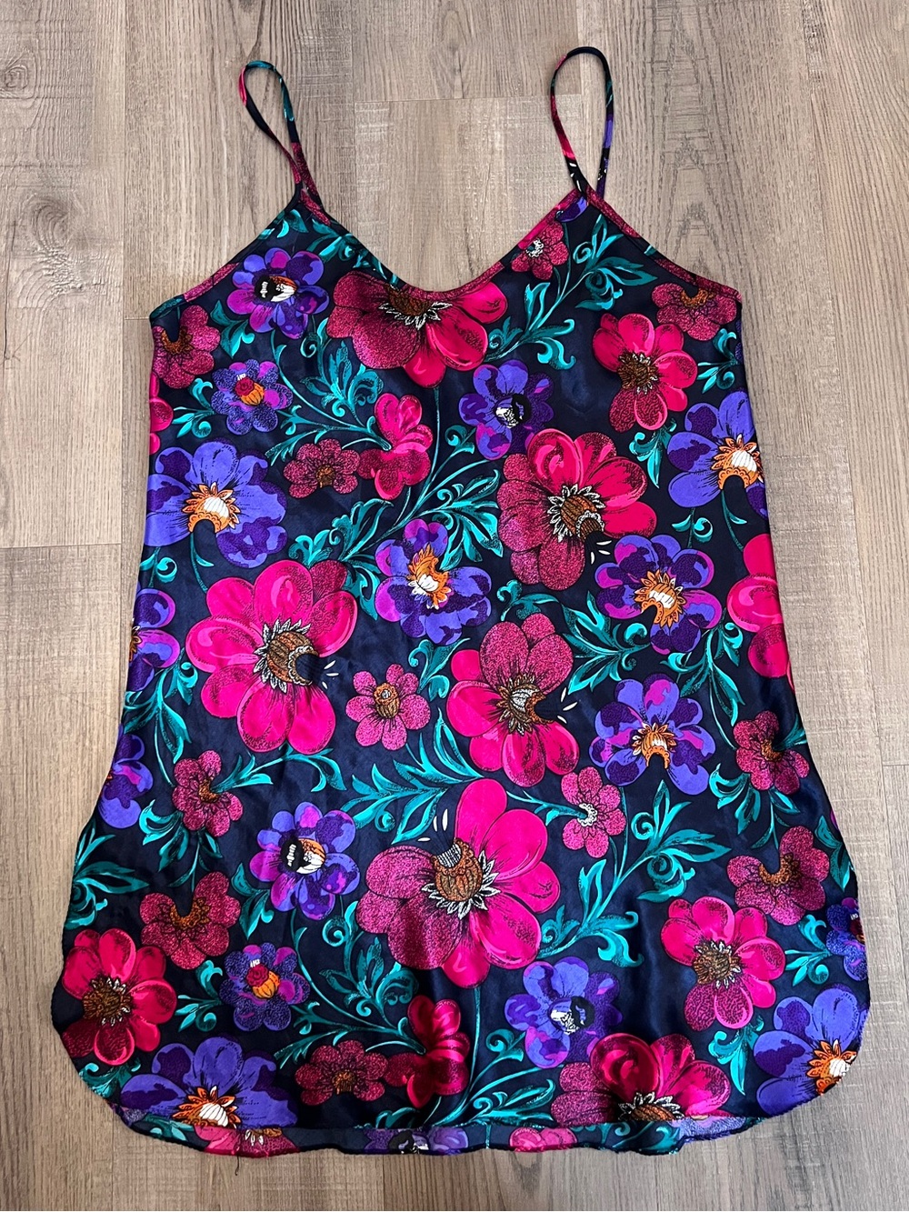 Vintage Bright Floral Silky Slip Dress / Nightie